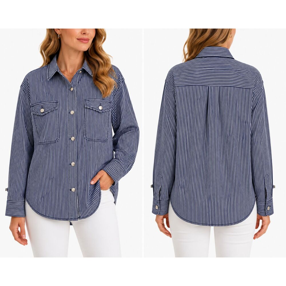 NWT Universal Thread XL Navy Pinstriped Denim Long Sleeve Shacket Jacket Shirt